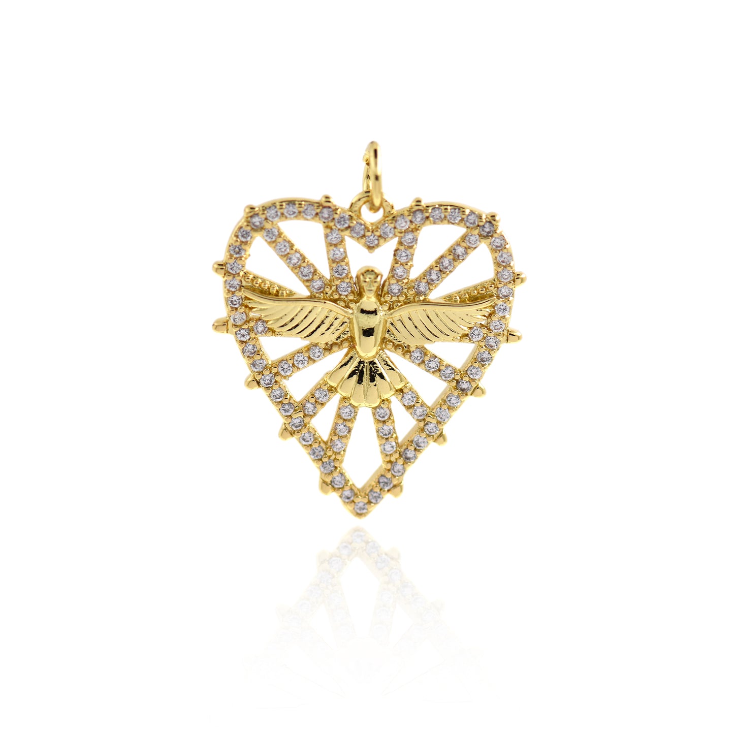 Micropavé Heart Bird Charm, Brass Openwork Necklace Pendant 24x22mm