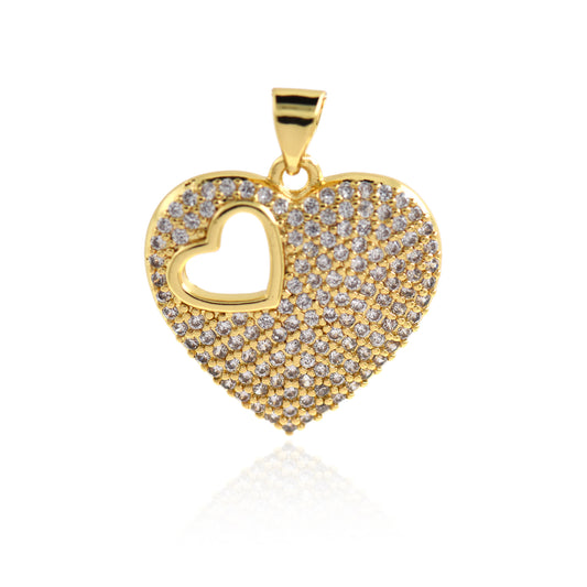 18K Brass Love Heart Pendant, Micropavé CZ Pendant 21x20mm