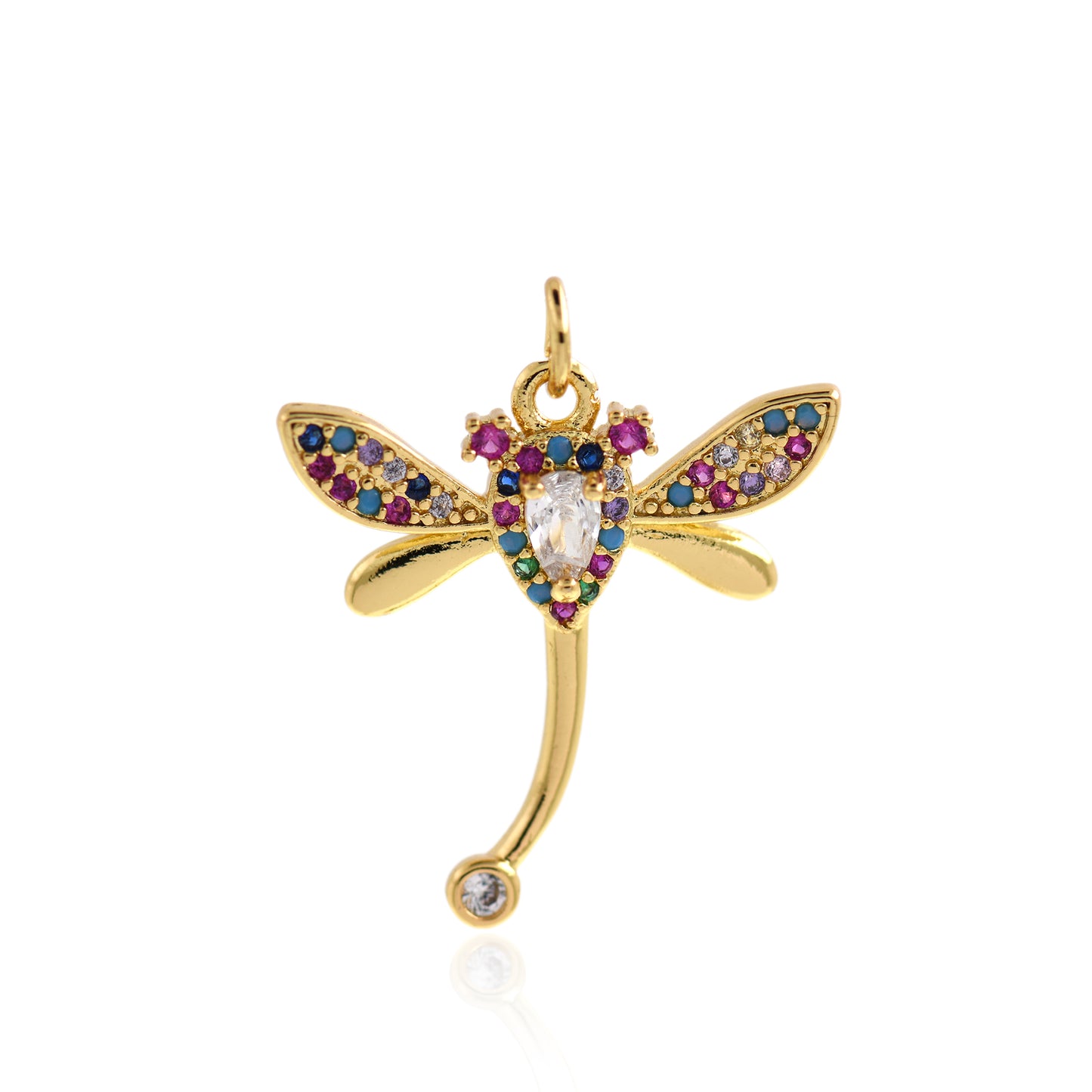 Colorful Zircon Dragonfly Pendant in Brass 23x22mm