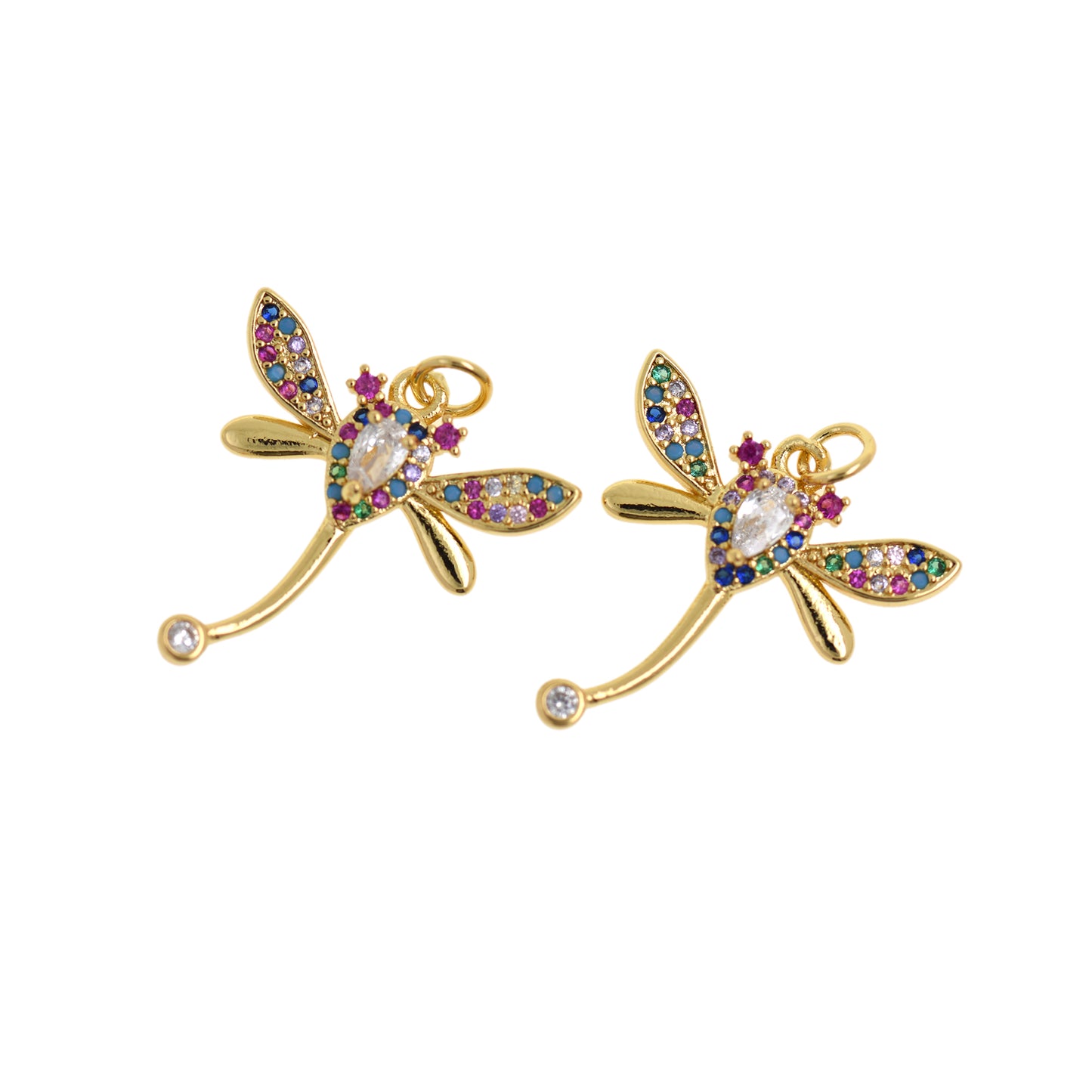 Colorful Zircon Dragonfly Pendant in Brass 23x22mm