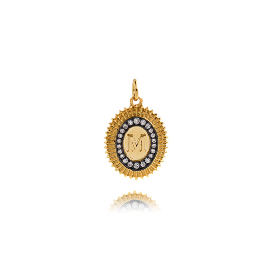 Oval M Charm, 18K Gold Filled Diamond Jewelry Pendant 20x15mm