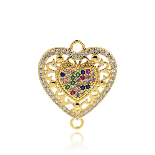 Colorful Zircon Heart Pendant, Brass Heart Jewelry 30x25mm