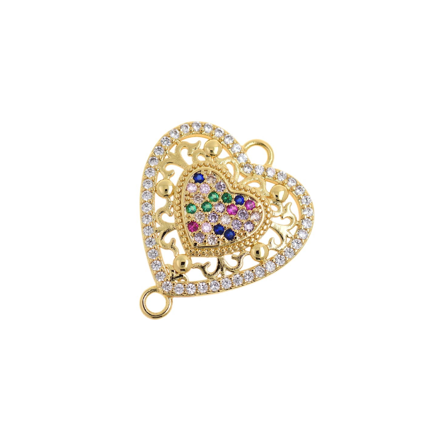 Colorful Zircon Heart Pendant, Brass Heart Jewelry 30x25mm