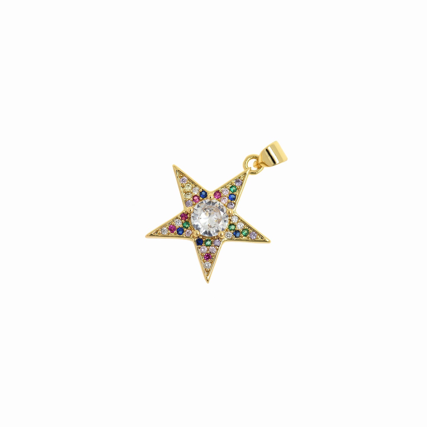 Colorful Zircon Star Pendant, CZ Brass Star Charm 21x20mm