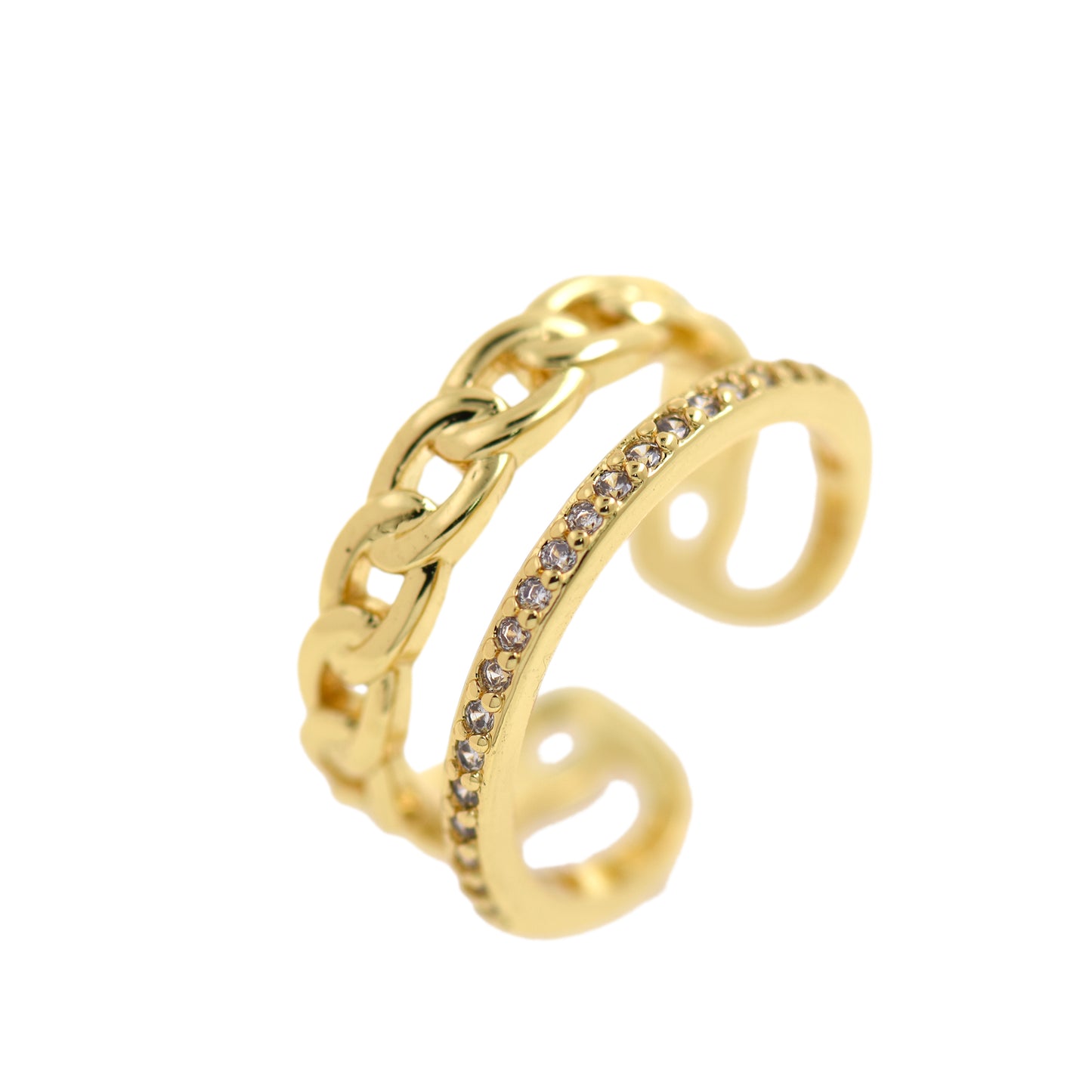 Gold Chain Ring, Gold Plated Ring with Diamonds 21x9mm