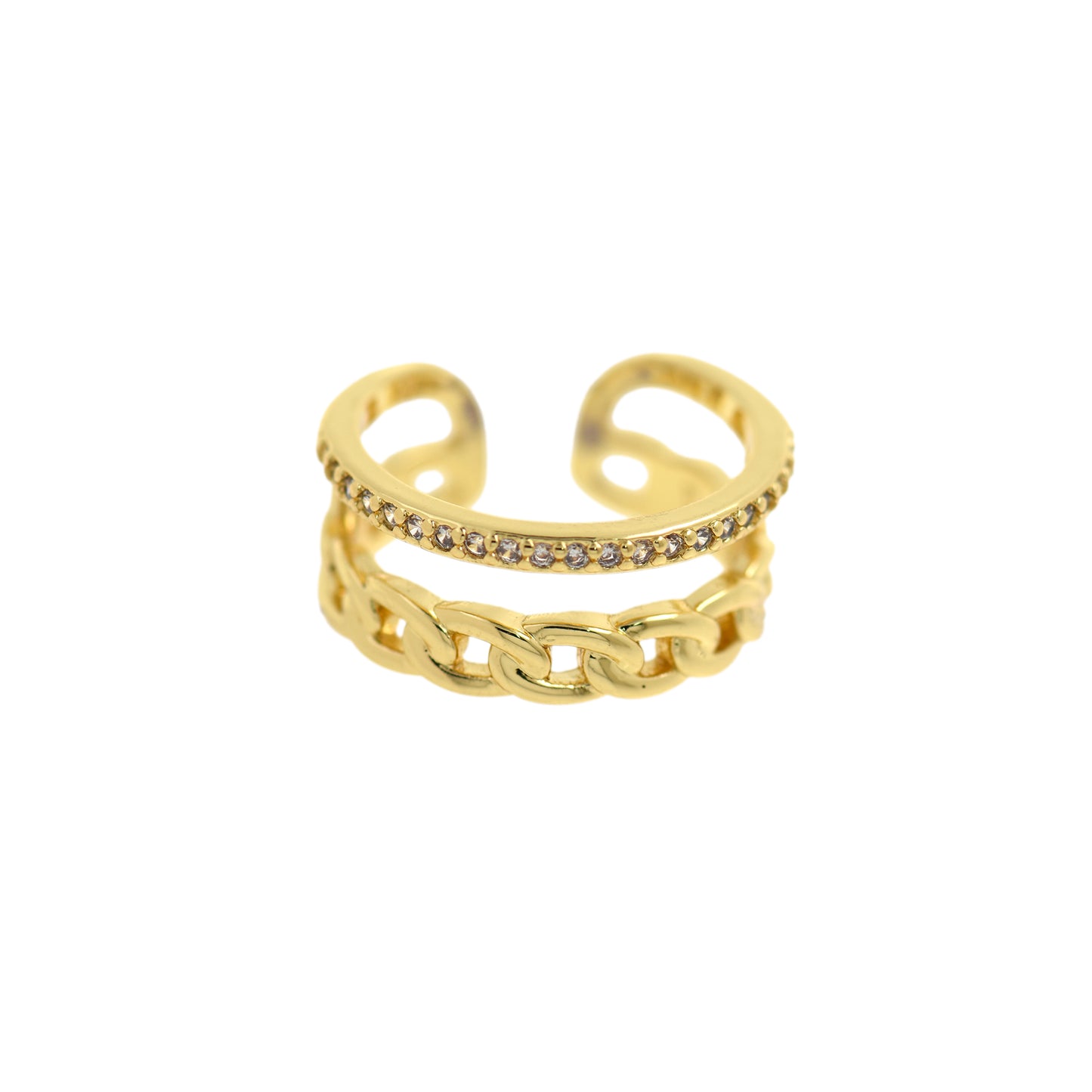 Gold Chain Ring, Gold Plated Ring with Diamonds 21x9mm