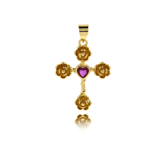 18K Gold Plated Colorful Heart Zircon Cross Pendant, Rose Charm 25x18mm