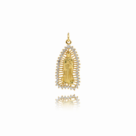 Delicate Openwork Virgin Mary Pendant, Virgin Mary Pendant in Brass with Diamonds 29x14mm