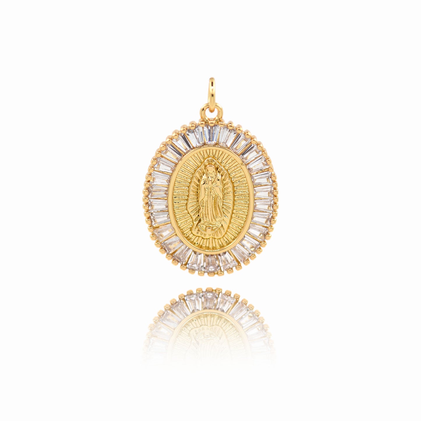 18K Filled Gold Diamond Oval Virgin Mary Pendant 26x19mm