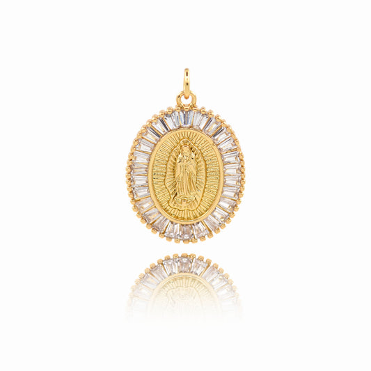 18K Filled Gold Diamond Oval Virgin Mary Pendant 26x19mm