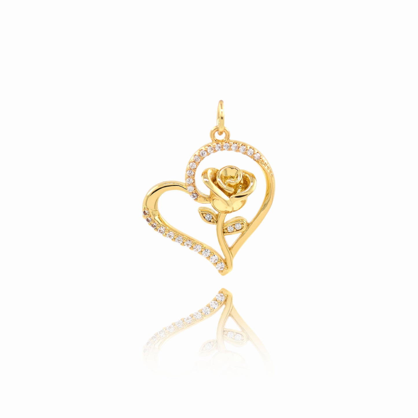 18K Filled Gold Diamond Heart Rose Pendant 22x19mm