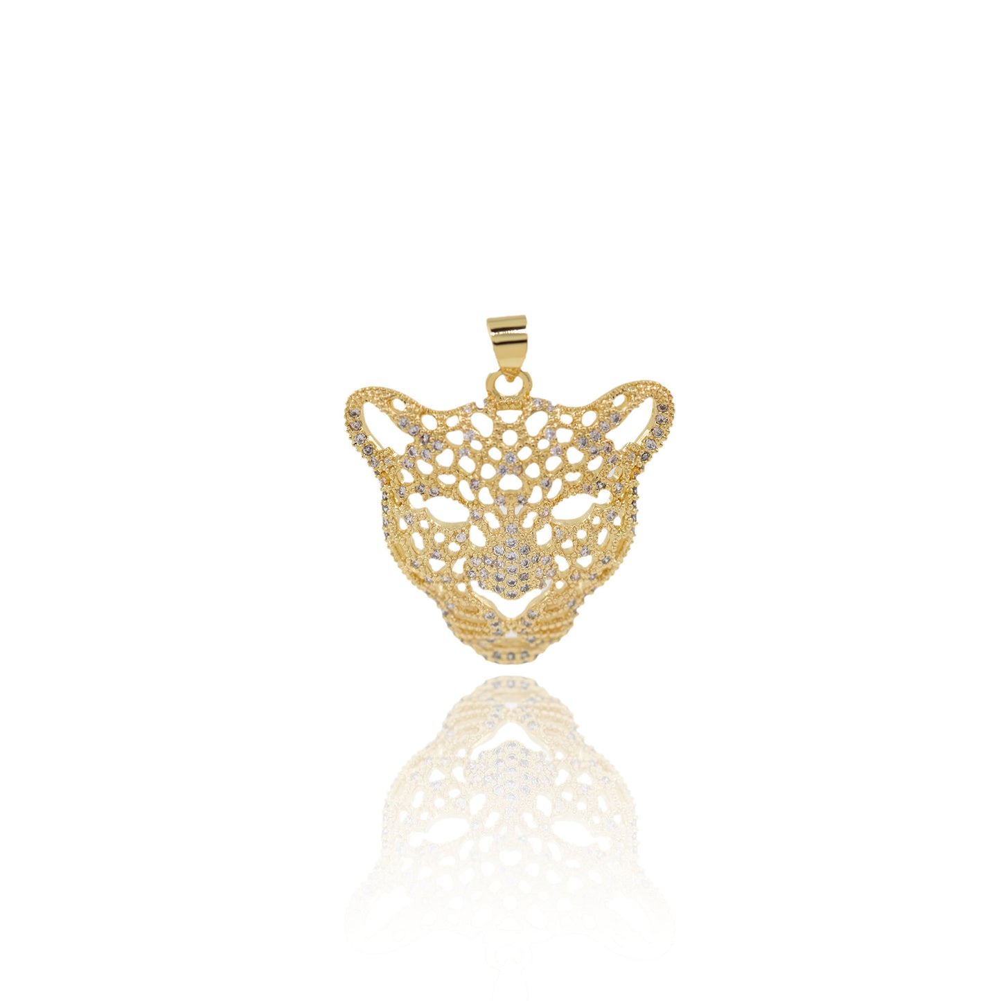 18K Filled Gold Micro-Set Diamond Openwork Leopard Head Pendant 28x28mm