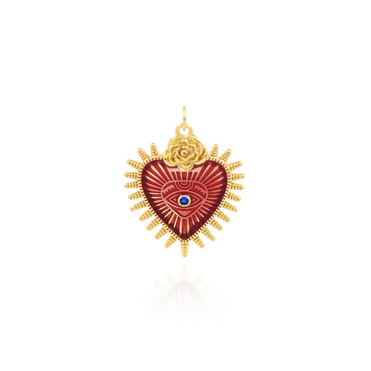 Brass Enamel Heart Evil Eye Pendant with Diamond 31x25mm