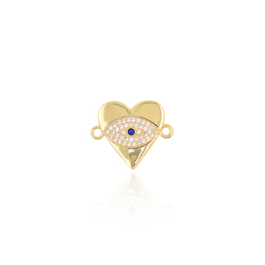 18K Filled Gold Diamond Evil Eye Connector, Heart Evil Eye Connector 19x16mm