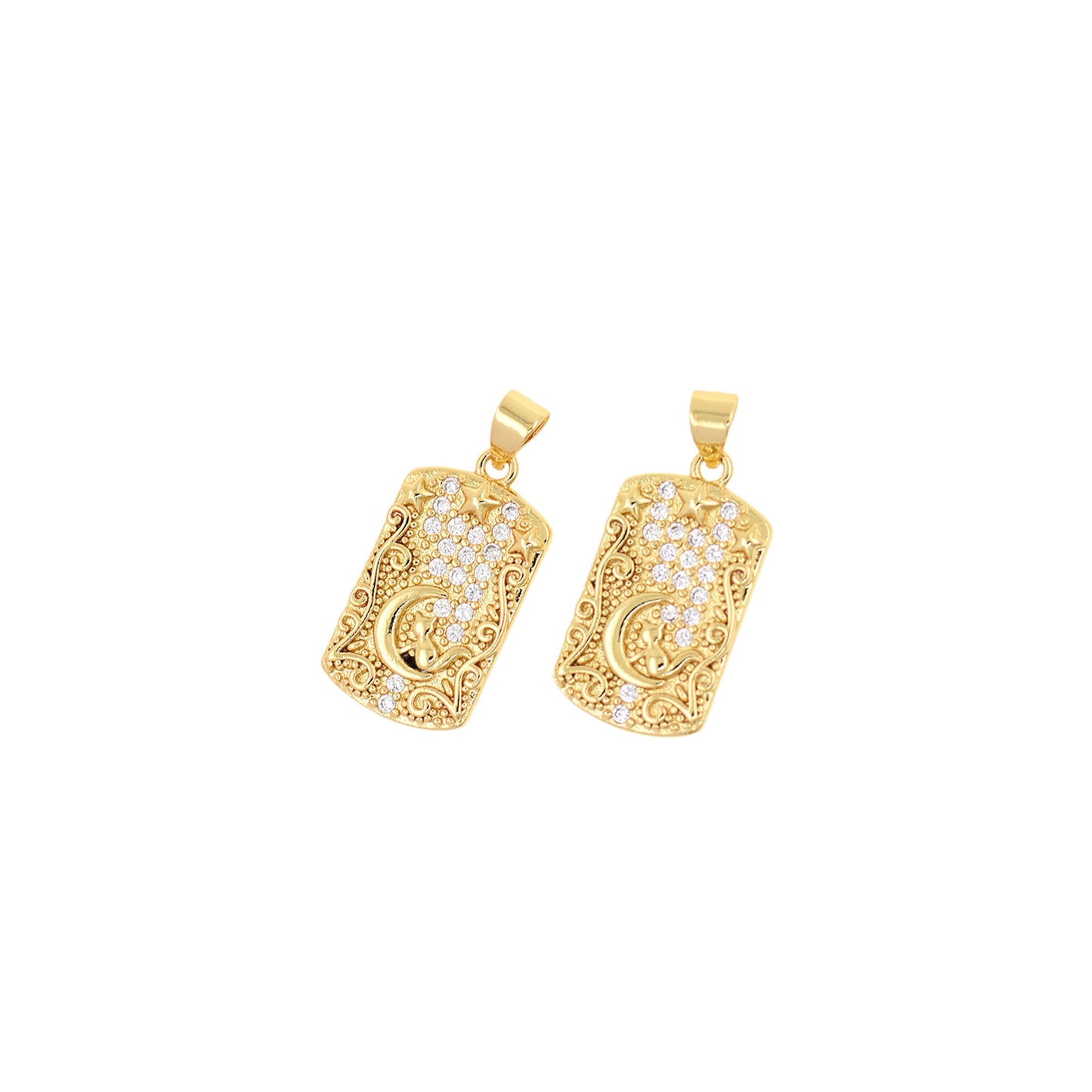 Brass Rectangle Pendant with Diamonds, Moon Charm, Star Charm 22x12mm