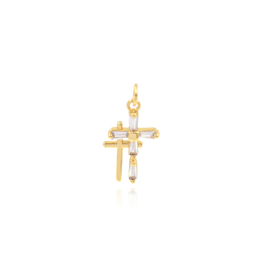 Brass Gold Plated Zircon Cross Pendant, Cross Charm 20x13mm