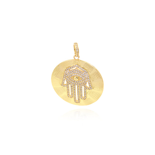 Delicate Brass Hamsa Pendant with Diamonds, Round Hand  36mm