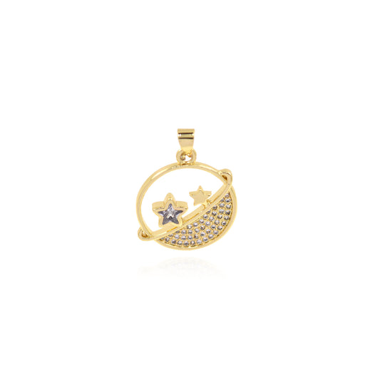 CZ Micro Pave Planet Star Pendant, Planet Charm, Star Charm 23mm