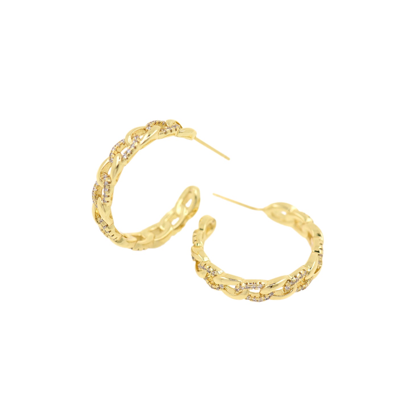 18K Filled Gold Chain Hoop Earrings with Diamonds, C Earrings  27x5mm