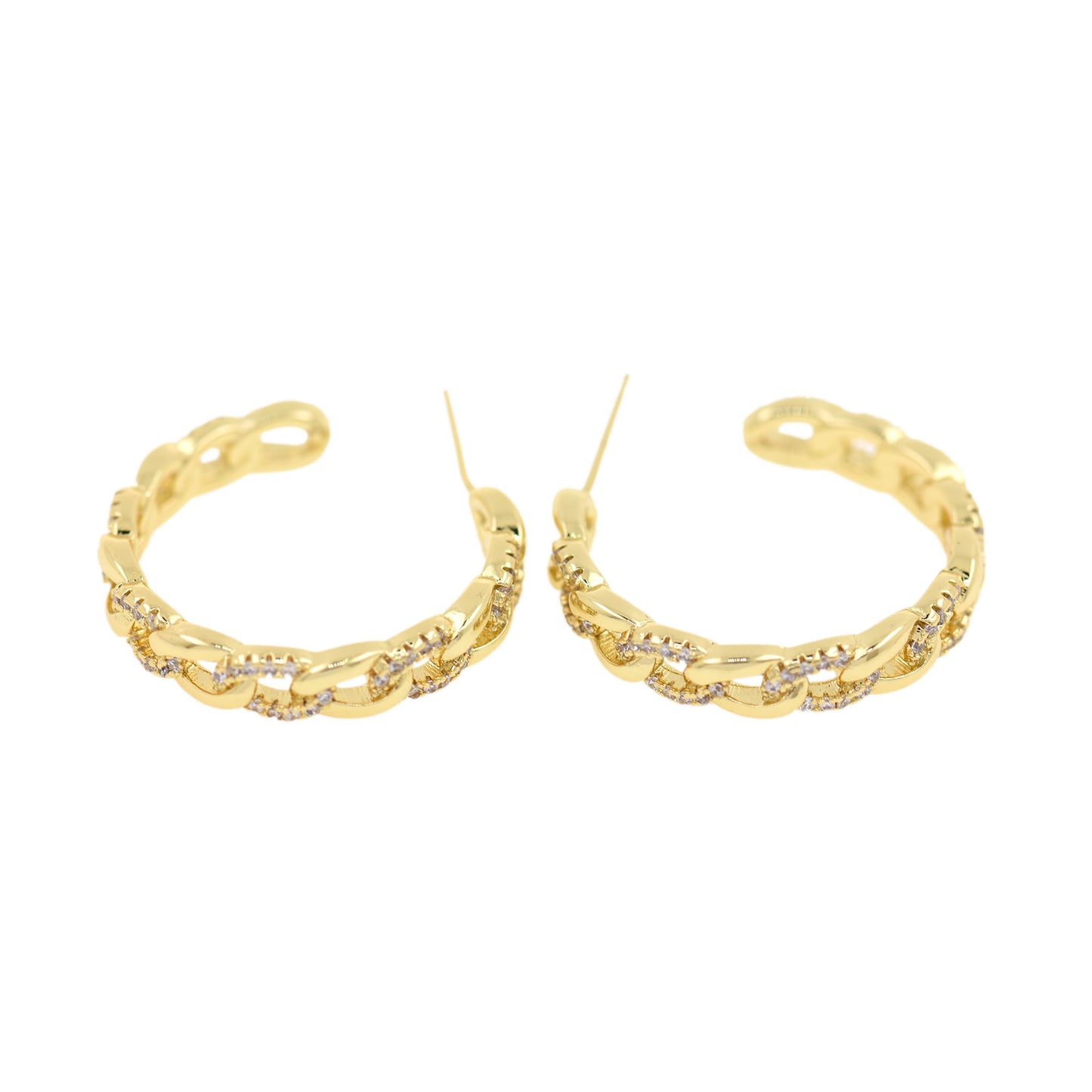 18K Filled Gold Chain Hoop Earrings with Diamonds, C Earrings  27x5mm