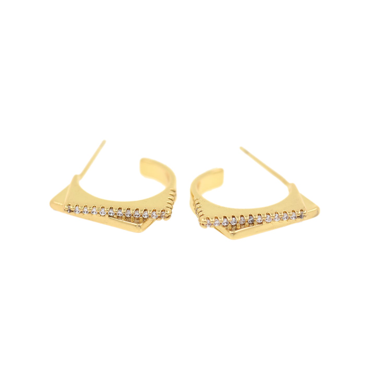 18K Filled Gold C-shaped Rectangle Earrings with Diamonds 21x17mm