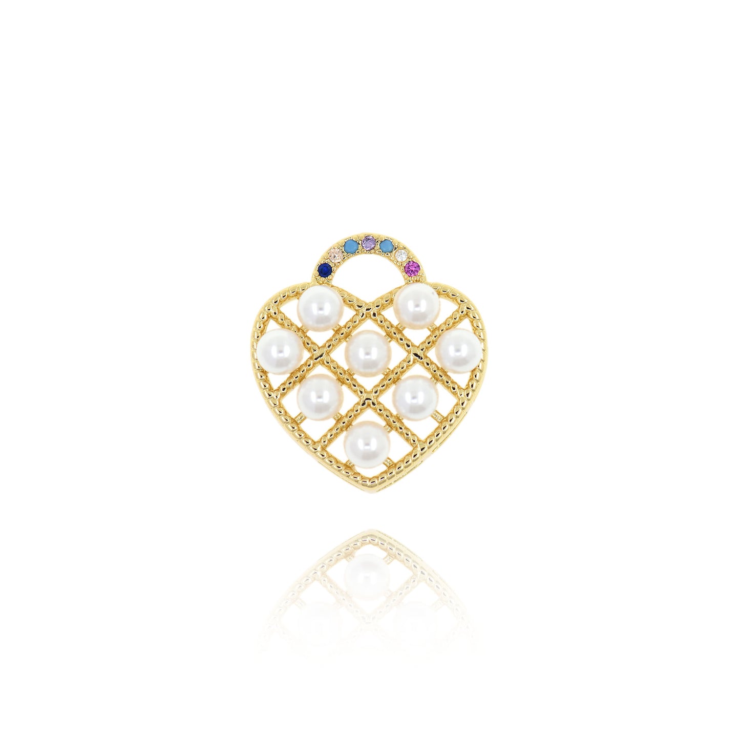 CZ Micro Set Heart, 18K Filled Gold Pearl Heart Connector 21x19mm