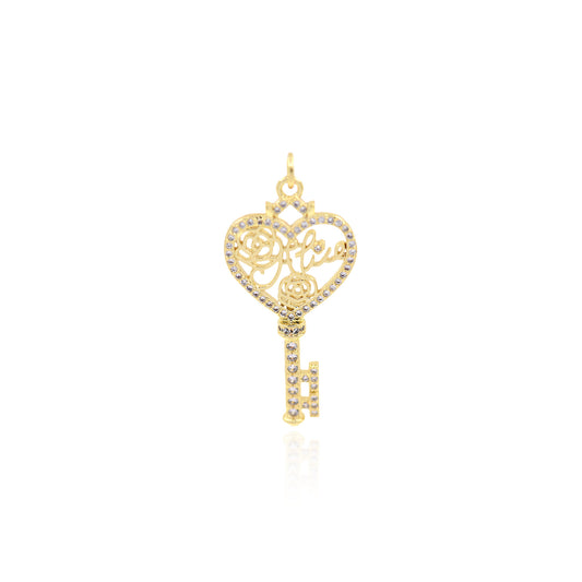 Brass Diamond Heart Key Pendant 37x18mm