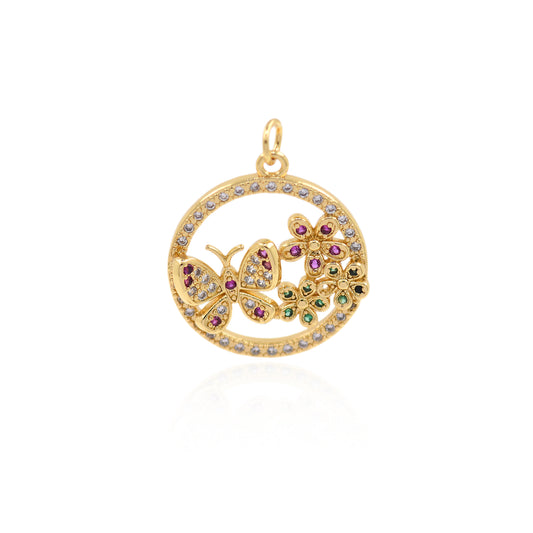 18K Gold Filled Zircon Butterfly Pendant, Round Butterfly Pendant 21.5mm