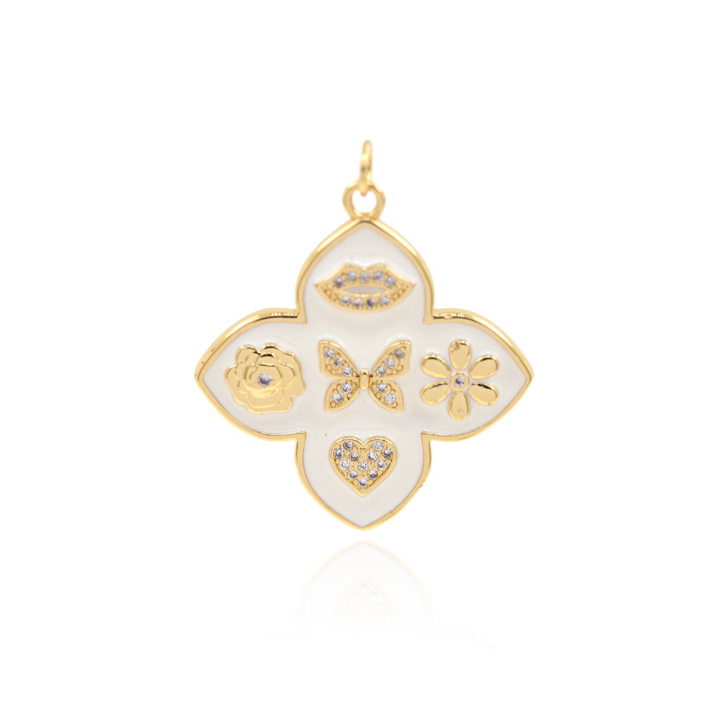 Personalized Enamel Lucky Pendant,18k Gold Filled Clover Leaf Camellia Charms  33x30mm