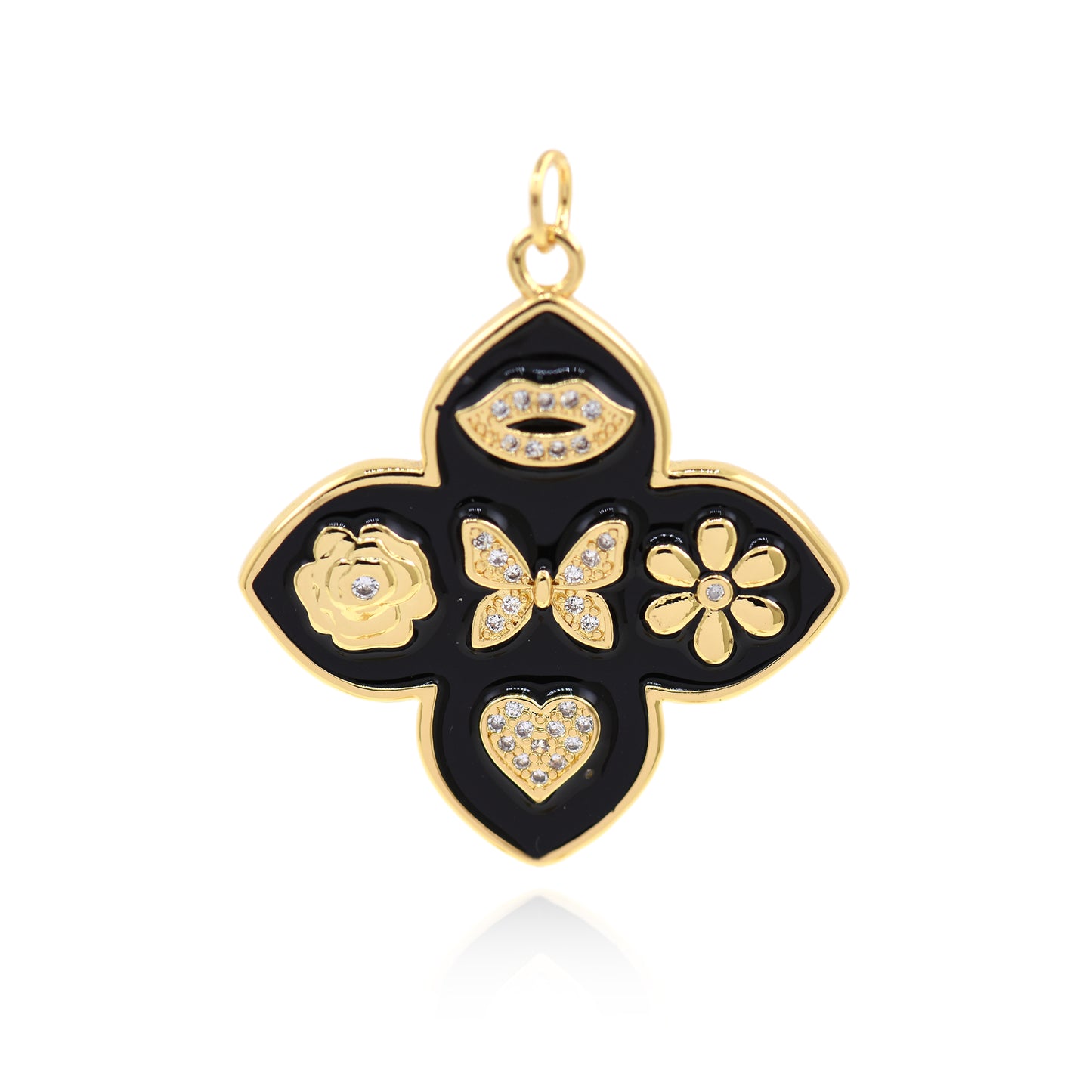 Personalized Enamel Lucky Pendant,18k Gold Filled Clover Leaf Camellia Charms  33x30mm