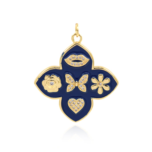 Personalized Enamel Lucky Pendant,18k Gold Filled Clover Leaf Camellia Charms  33x30mm