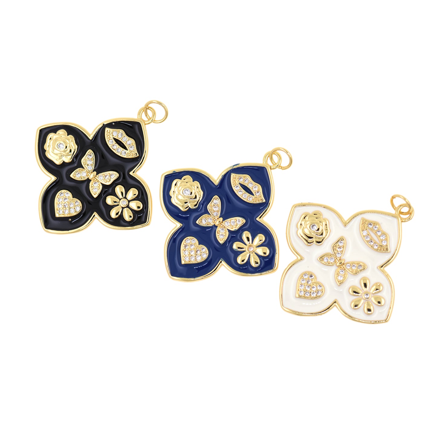 Personalized Enamel Lucky Pendant,18k Gold Filled Clover Leaf Camellia Charms  33x30mm