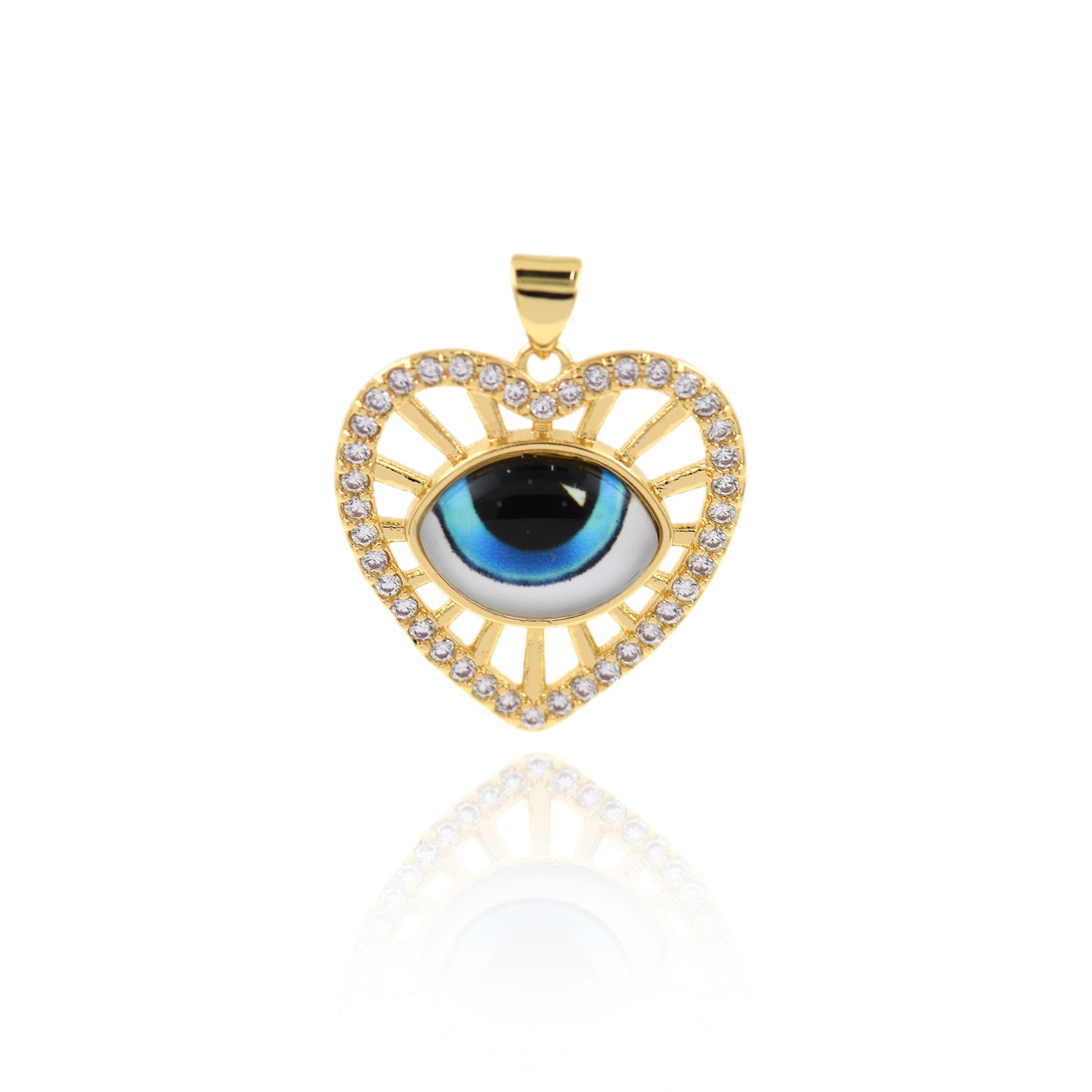 18K Filled Gold Diamond Heart Evil Eye Pendant, Heart Charm  24x23mm