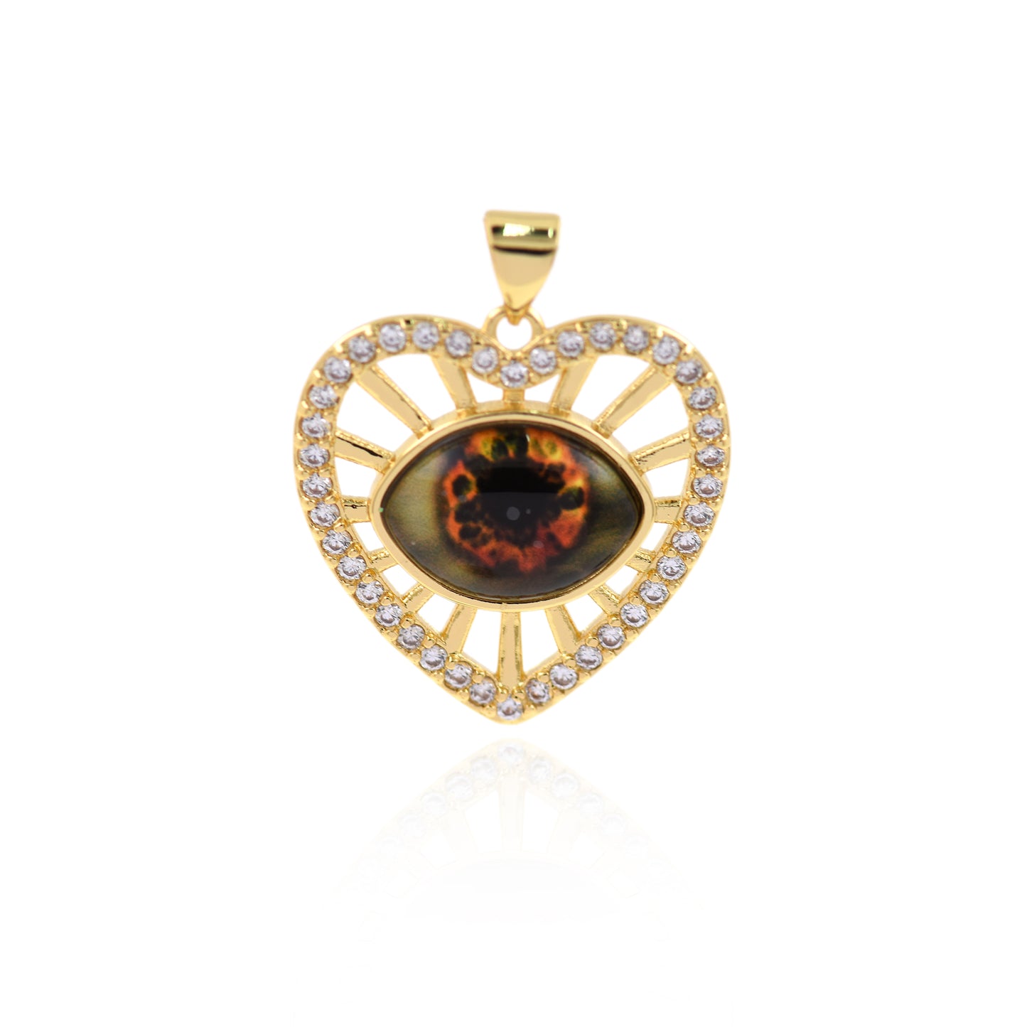 18K Filled Gold Diamond Heart Evil Eye Pendant, Heart Charm  24x23mm