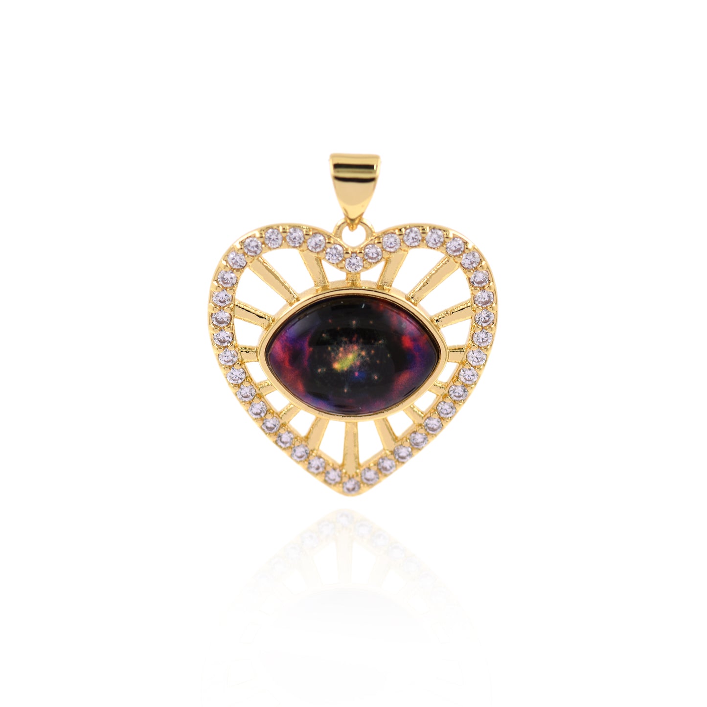 18K Filled Gold Diamond Heart Evil Eye Pendant, Heart Charm  24x23mm