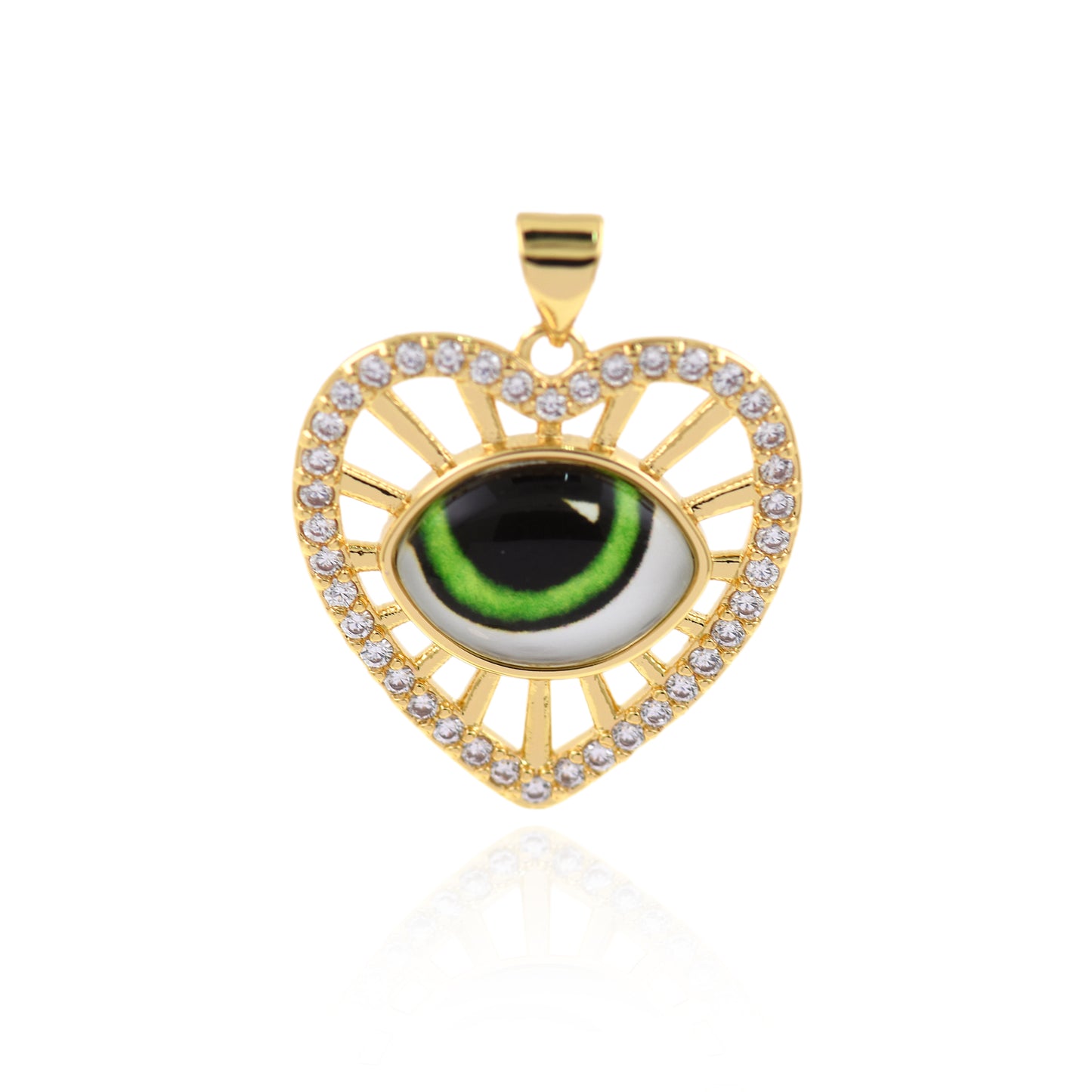 18K Filled Gold Diamond Heart Evil Eye Pendant, Heart Charm  24x23mm