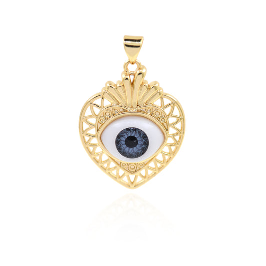 18K Filled Gold Zircon Heart Evil Eye Pendant, Heart Charm 29X22mm