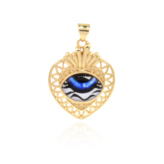 18K Filled Gold Diamond Heart Evil Eye Pendant, Heart Charm 29x22mm