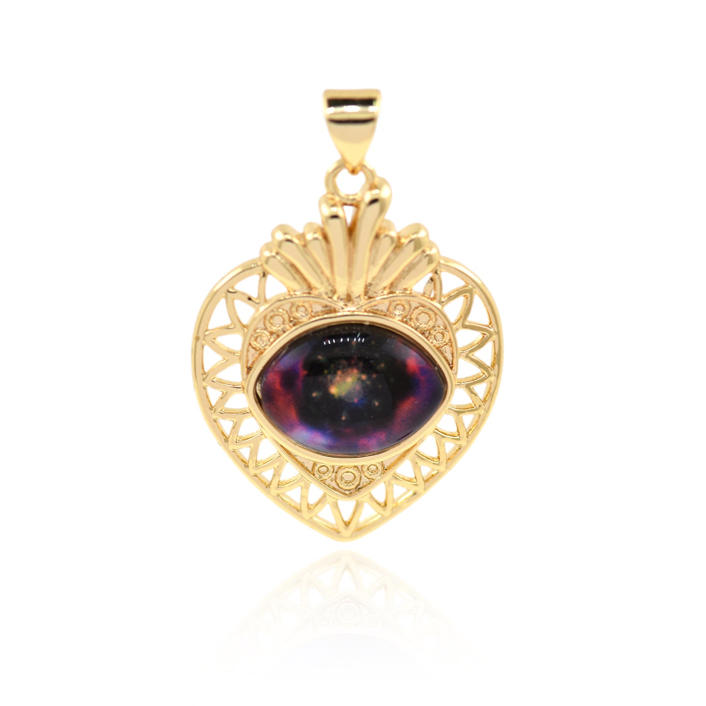 18K Filled Gold Diamond Heart Evil Eye Pendant, Heart Charm 29x22mm