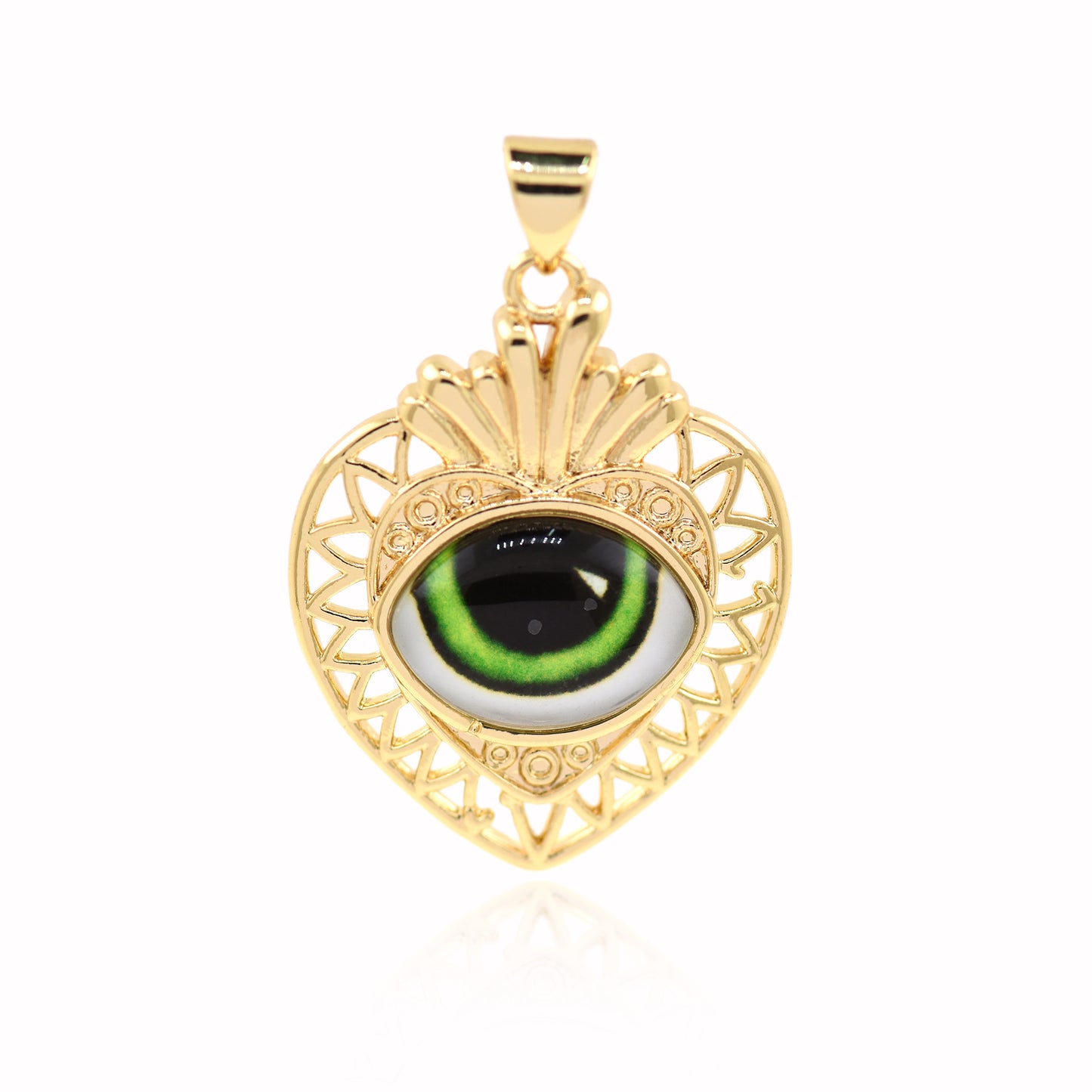 18K Filled Gold Diamond Heart Evil Eye Pendant, Heart Charm 29x22mm