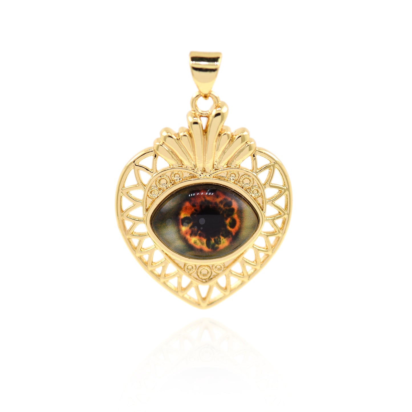 18K Filled Gold Diamond Heart Evil Eye Pendant, Heart Charm 29x22mm