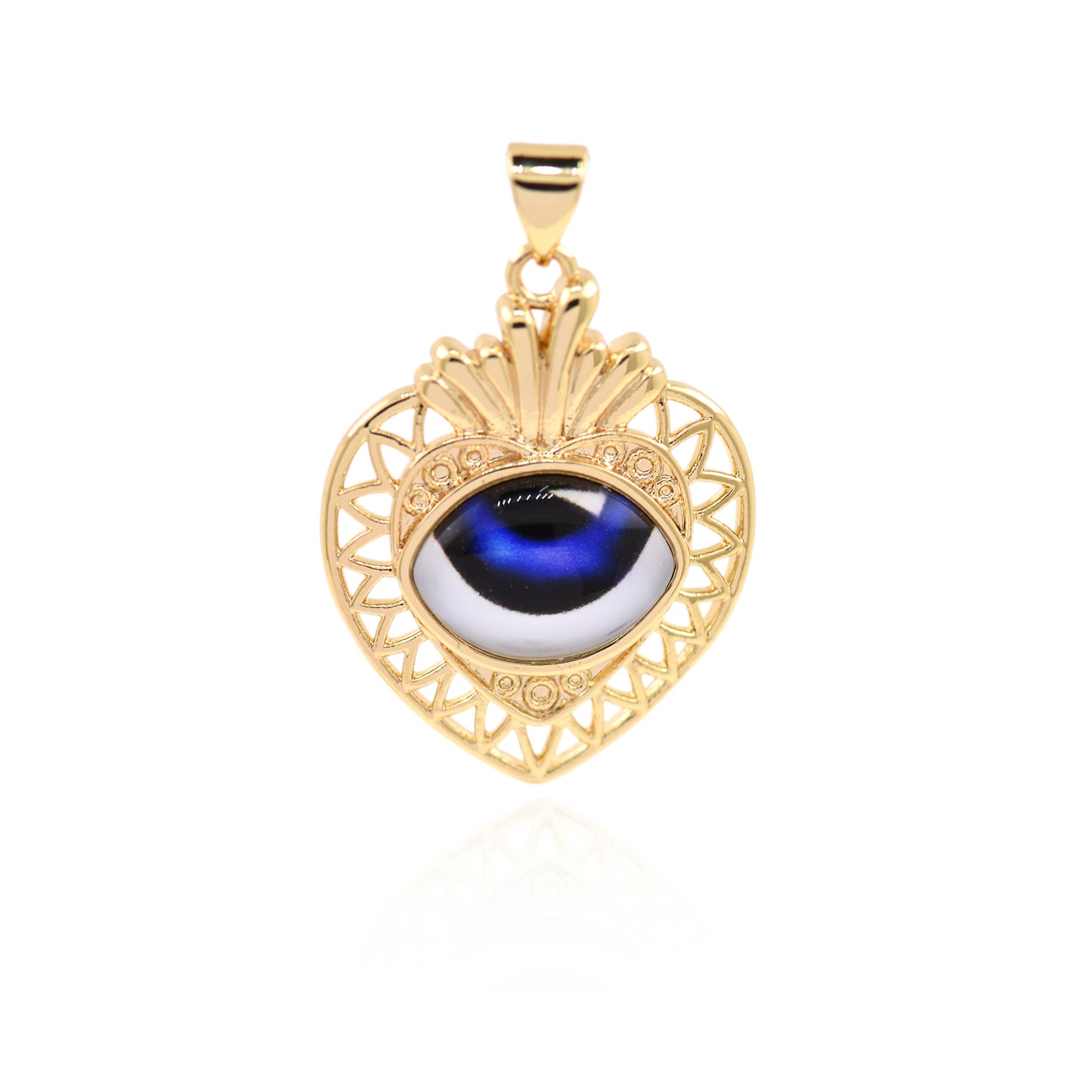 18K Filled Gold Diamond Heart Evil Eye Pendant, Heart Charm 29x22mm