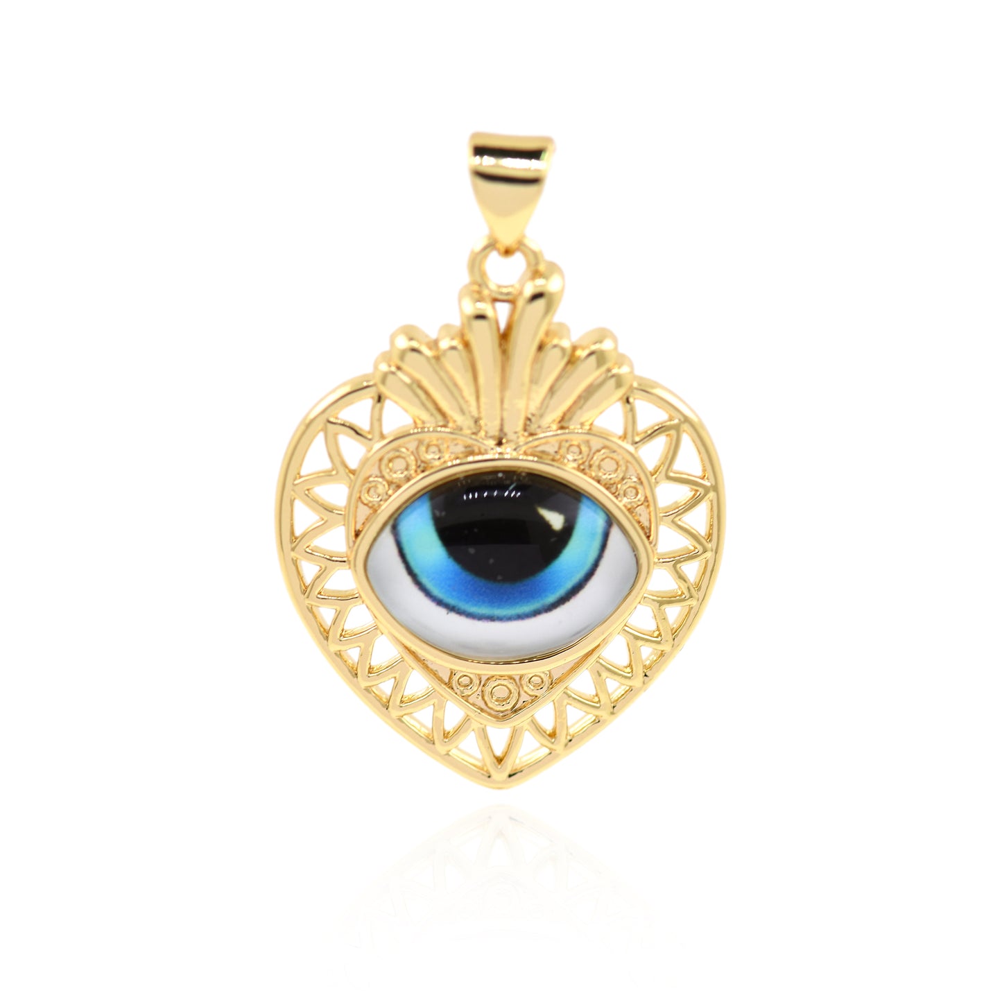 18K Filled Gold Diamond Heart Evil Eye Pendant, Heart Charm 29x22mm