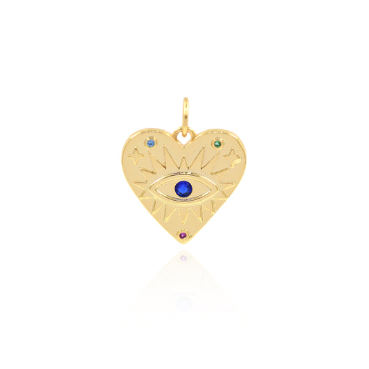 18K Filled Gold Diamond Heart Evil Eye Pendant 16x16mm