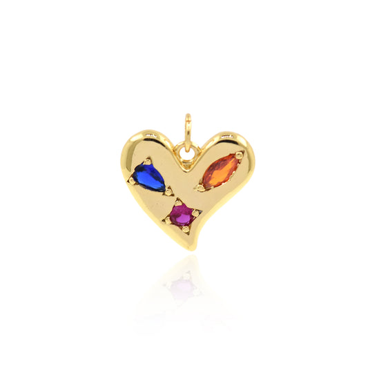 Colorful Zircon Heart Pendant in Brass, Heart Charm  17x16mm