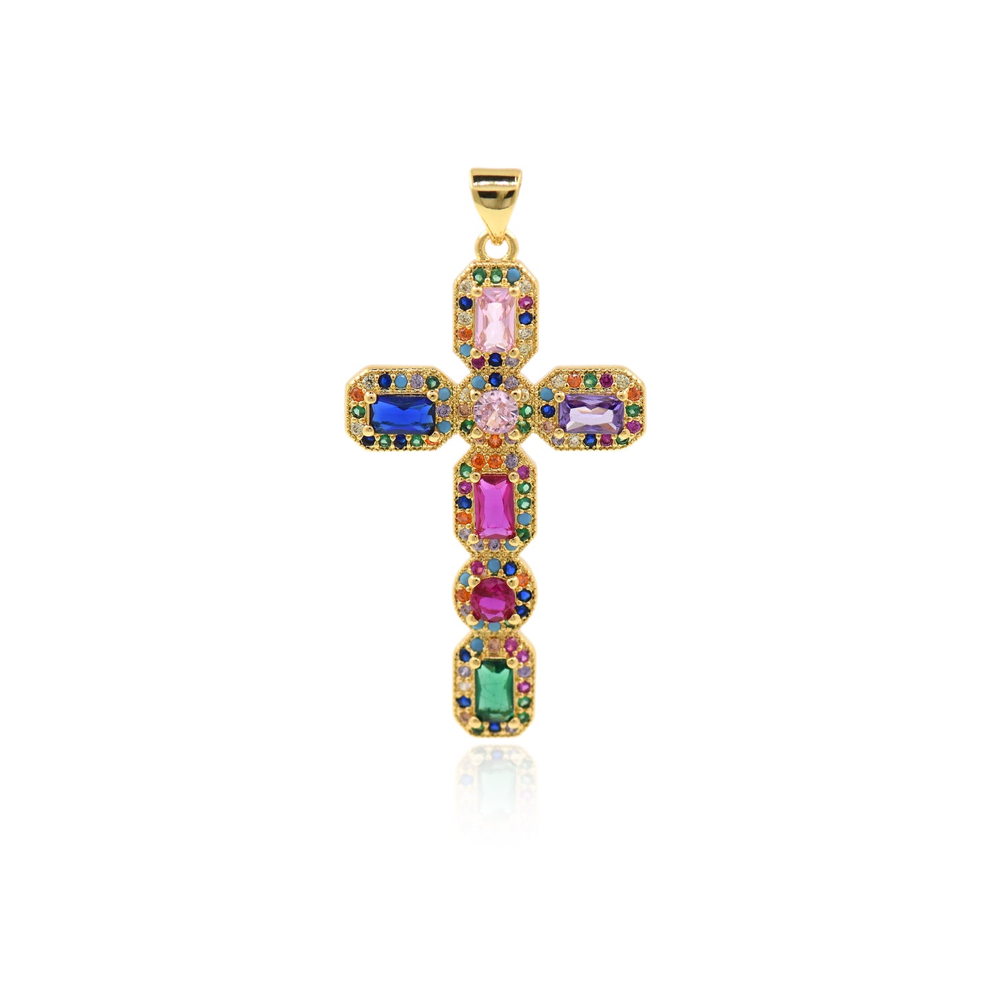 18K Gold Filled Cross Pendant, Colorful Zircon Cross Charm 23.5x41mm