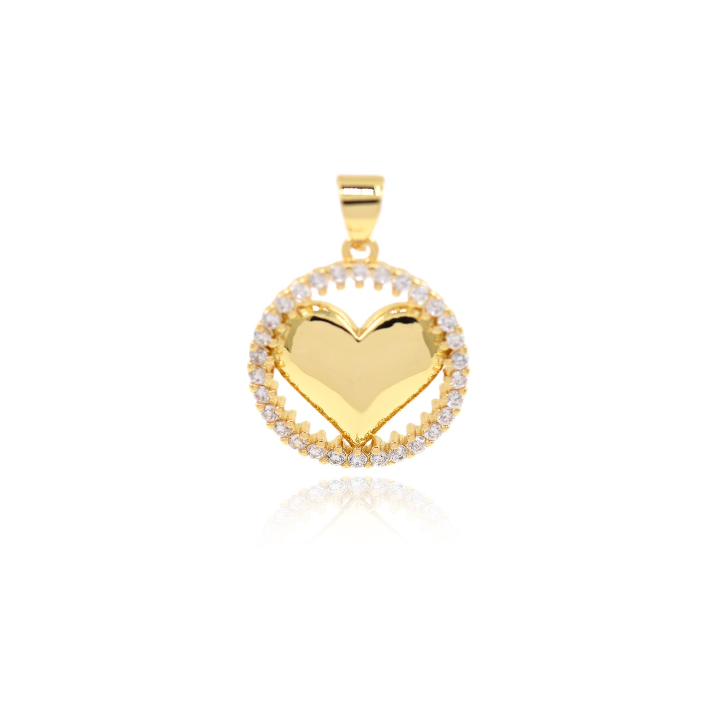 18K Filled Gold Diamond Heart Pendant, Round Heart Pendant 17.5mm