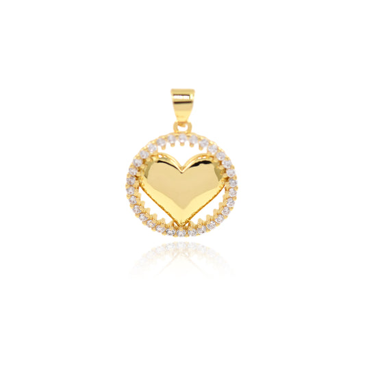 18K Filled Gold Diamond Heart Pendant, Round Heart Pendant 17.5mm