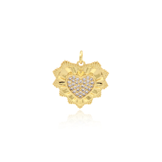 Brass Gold Plated Heart Pendant with Diamonds, CZ Micro Pave Heart Pendant 24x23mm
