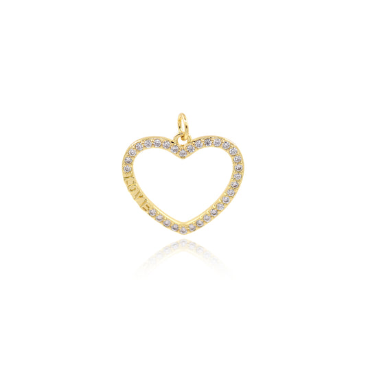 18K Gold Filled Heart Charm, Micropavé CZ Hollow Pendant 22x20mm